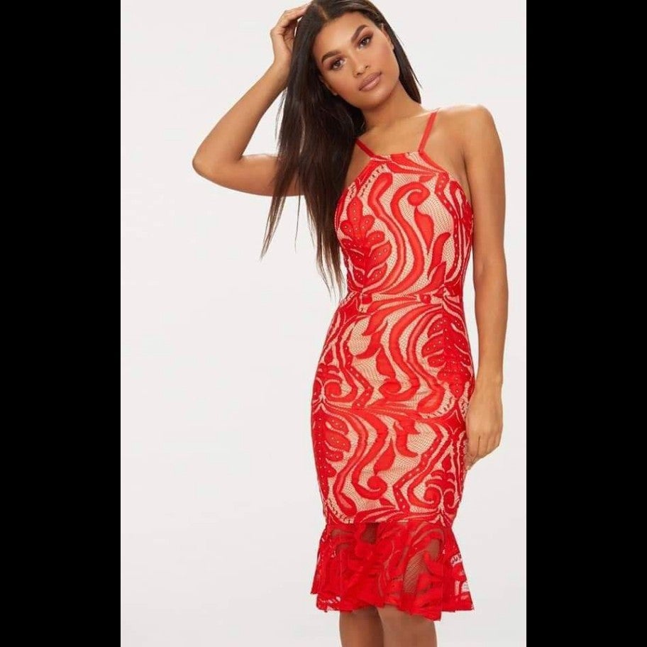 Red lace frill shop hem midi dress